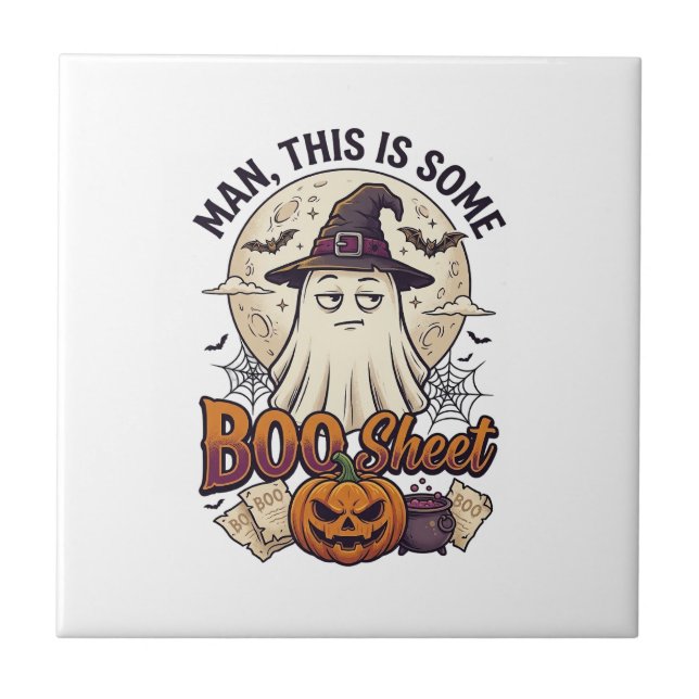 Boo Sheet Ghost Pumpkin Halloween Moon Cauldron Ceramic Tile (Front)