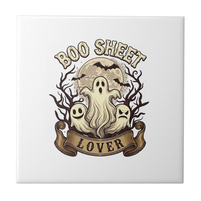 Boo Sheet Lover Halloween Ghosts Moon Bats_1 Ceramic Tile (Front)