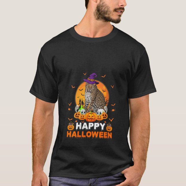 Boo Sheet Scary Ghost Pumpkin Moon Witch Leopard H T-Shirt (Front)