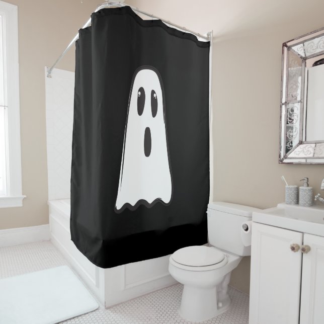 BOO! Spooky Cute Ghost Halloween Black White Shower Curtain (In Situ)