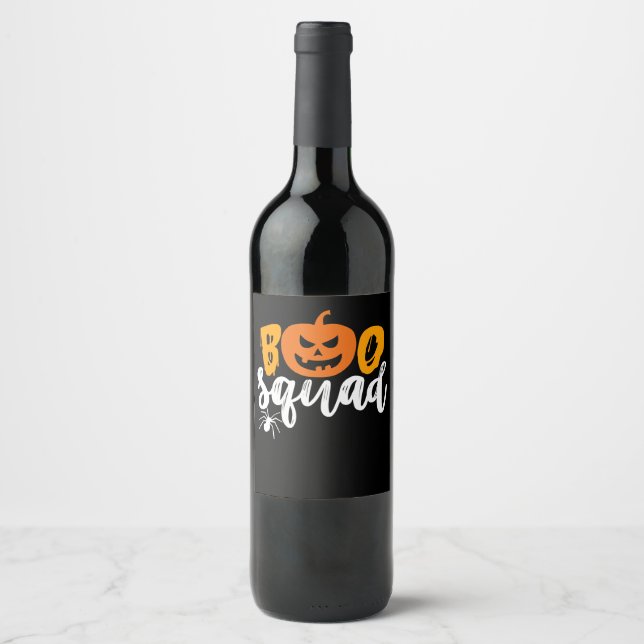 Boo Squad - Funny Pumpkin Spider Halloween Wine Label (Front)