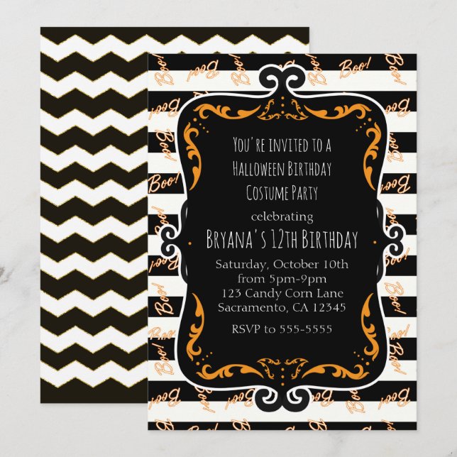 Boo Striped Black & Orange Whimsical Halloween Invitation (Front/Back)