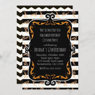 Boo Striped Black & Orange Whimsical Halloween Invitation