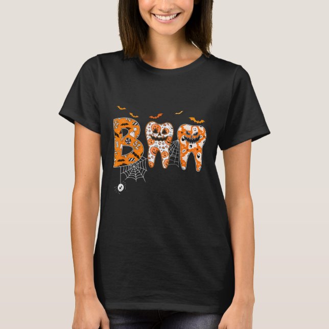 Boo Teeth Pumpkin Dentist Dental Hygienist Hallowe T-Shirt (Front)