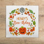 Boo-thday Halloween Birthday Party Napkin<br><div class="desc">Adorable Halloween themed October birthday party napkins featuring a sweet,  not scary,  wreath of jack o lanterns,  autumn leaves,  and a cute spider web with room in the centre for your child's name! Bring your celebration together with these little details to make your boo-thday event one of a kind!</div>