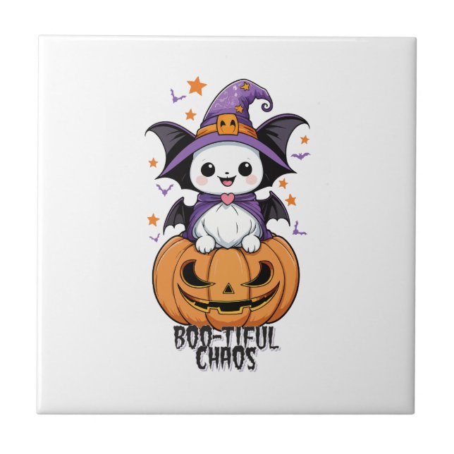 Boo-tiful Chaos | Bats, Hats, & Pumpkins Ceramic Tile (Front)
