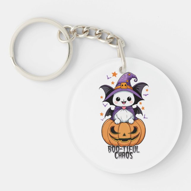 Boo-tiful Chaos | Bats, Hats, & Pumpkins Key Ring (Front)