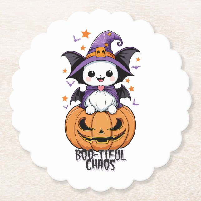 Boo-tiful Chaos | Bats, Hats, & Pumpkins Paper Coaster (Front)
