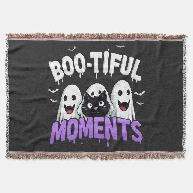 Boo-Tiful Moments Cute Halloween Ghosts and Bats Throw Blanket (Front)