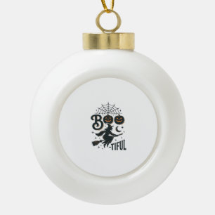 Boo-tiful Witch Halloween Vintage Engraving Design Ceramic Ball Christmas Ornament