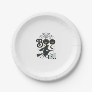 Boo-tiful Witch Halloween Vintage Engraving Design Paper Plate