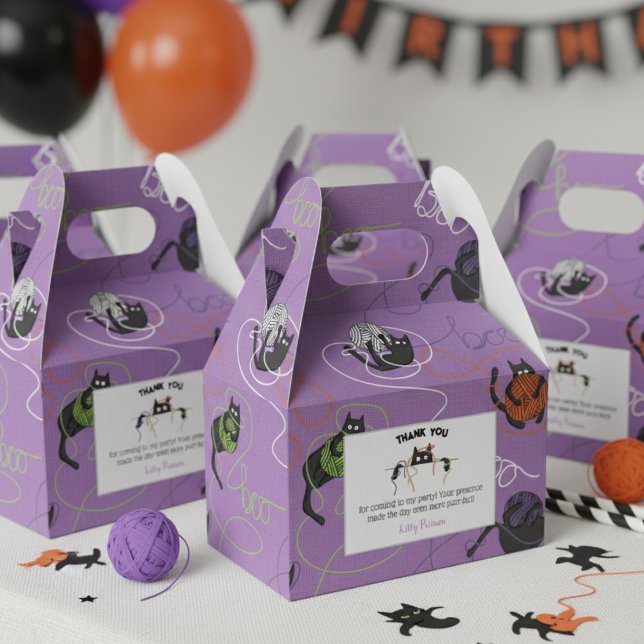 Boo-tifully Tangled Black Cats and Yarn Halloween  Favour Box (Black Cat & Boo Yarn Halloween October Birthday Party Thank You Favor Boxes in Purple for Cat Lover)