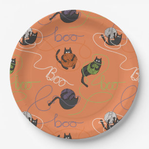 Boo-tifully Tangled Black Cats and Yarn Halloween Paper Plate