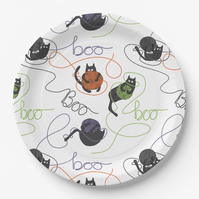 Boo-tifully Tangled Black Cats and Yarn Halloween Paper Plate (Front)