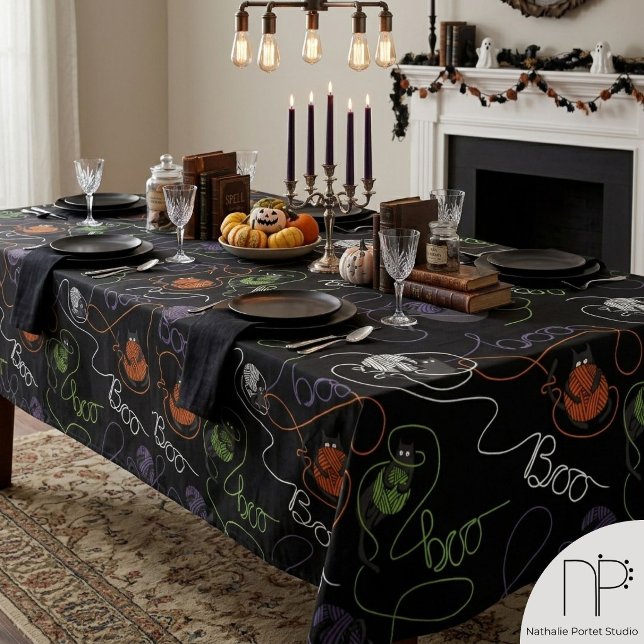 Boo-tifully Tangled Halloween Tablecloth (Hand drawn black cat and yarn Halloween tablecloth with a whimsical festive autumn theme)