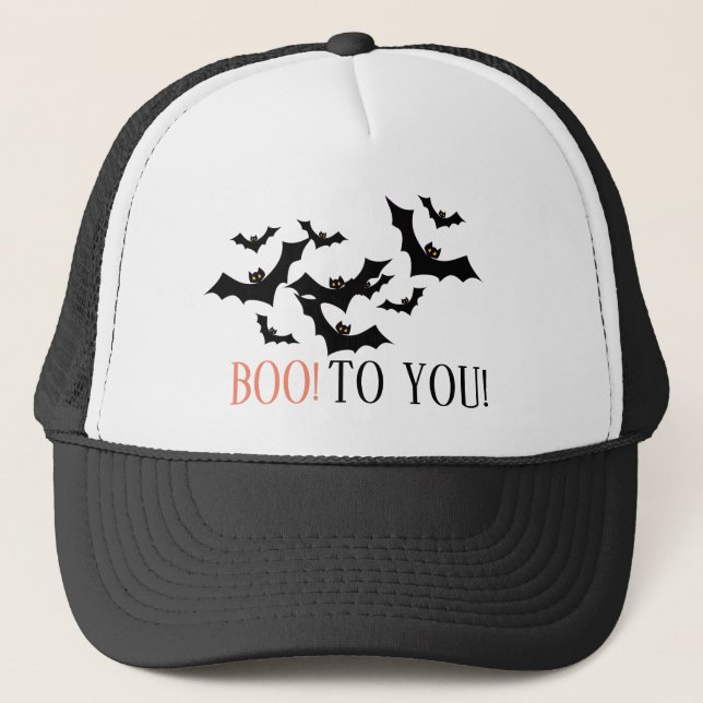 "BOO TO YOU!" Black Bats Halloween Custom Trucker Hat (Front)