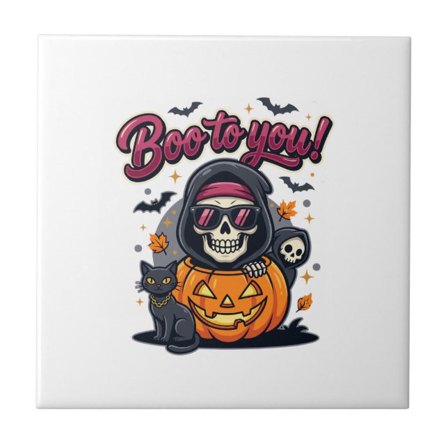 Boo to You Halloween Skeleton Pumpkin Ceramic Tile (Front)