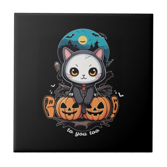 Boo to You Too | Cute Cat Bat Wings & Pumpkin Ceramic Tile (Front)