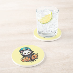 Boo to You Too Cute Cat Bat Wings & Pumpkin Coaster