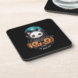 Boo to You Too Cute Cat Bat Wings & Pumpkin Coaster