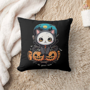 Boo to You Too   Cute Cat Bat Wings & Pumpkin Cushion