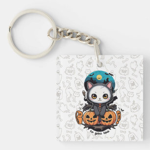 Boo to You Too Cute Cat Bat Wings & Pumpkin Key Ring