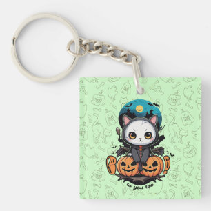 Boo to You Too Cute Cat Bat Wings & Pumpkin Key Ring
