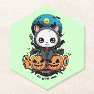 Boo to You Too Cute Cat Bat Wings & Pumpkin Paper Coaster