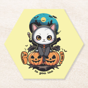 Boo to You Too Cute Cat Bat Wings & Pumpkin Paper Coaster