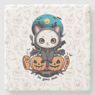 Boo to You Too Cute Cat Bat Wings & Pumpkin Stone Coaster