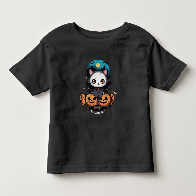 Boo to You Too | Cute Cat Bat Wings & Pumpkin Toddler T-Shirt (Front)