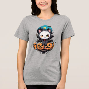 Boo to You Too Cute Cat Bat Wings & Pumpkin Tri-Blend Shirt