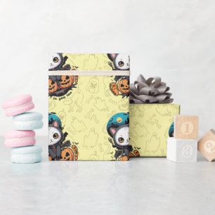 Boo to You Too   Cute Cat Bat Wings & Pumpkin Wrapping Paper