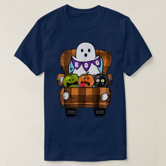 Boo Truck Pumpkin Halloween Ghost Costume Leopard  T-Shirt (Design Front)