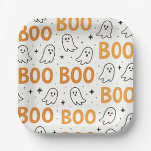BOO Typography Playful White Ghosts Halloween Paper Plate
