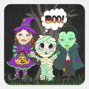 Boo! Vampire, Witch and Mummy Halloween Square Sticker