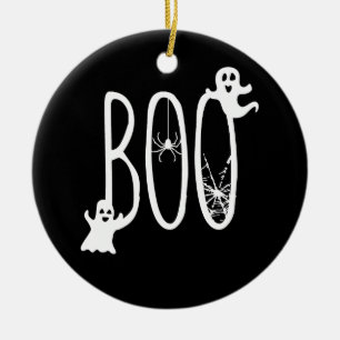 Boo Whimsical Ghosts & Spider Halloween Black Ceramic Ornament