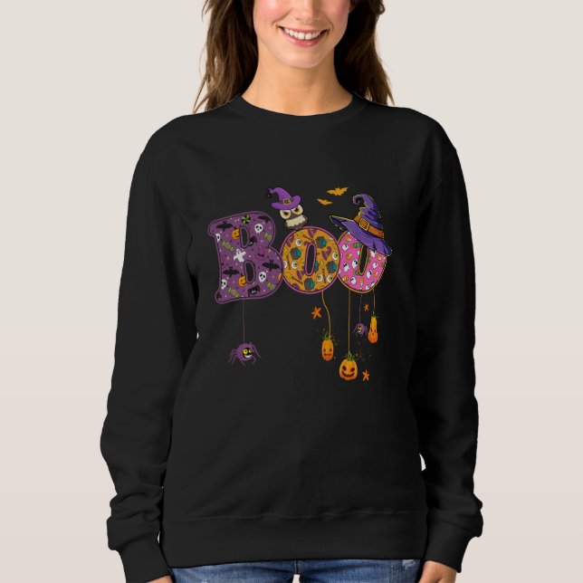 Boo Witch Hat Owl Spiders Bat Pumkin Funny Hallowe Sweatshirt (Front)
