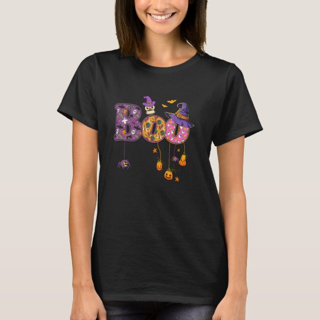 Boo Witch Hat Owl Spiders Bat Pumkin Funny Hallowe T-Shirt (Front)