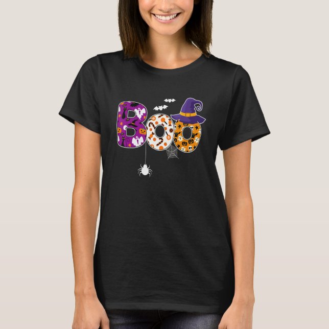Boo With Spider & Bats And Witch Hat Halloween T-Shirt (Front)