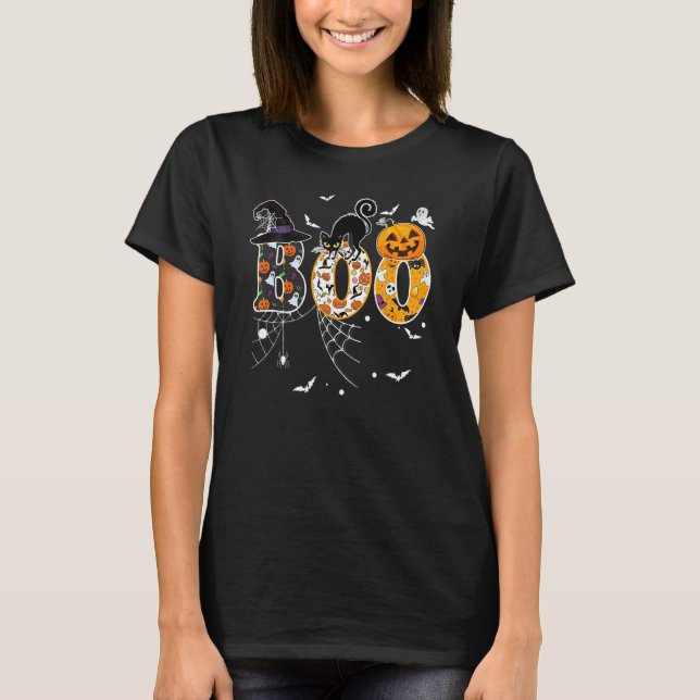 Boo With Spiders And Witch Hat Black Cat Pumpkin H T-Shirt (Front)