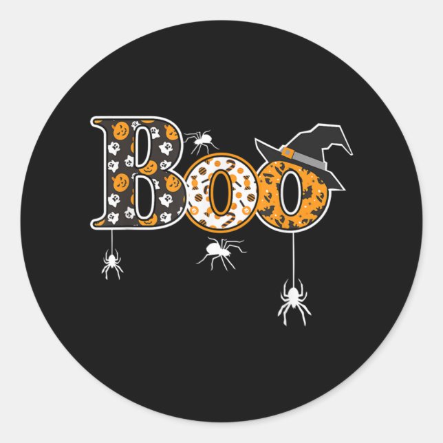 Boo With Spiders And Witch Hat Halloween Classic Round Sticker (Front)