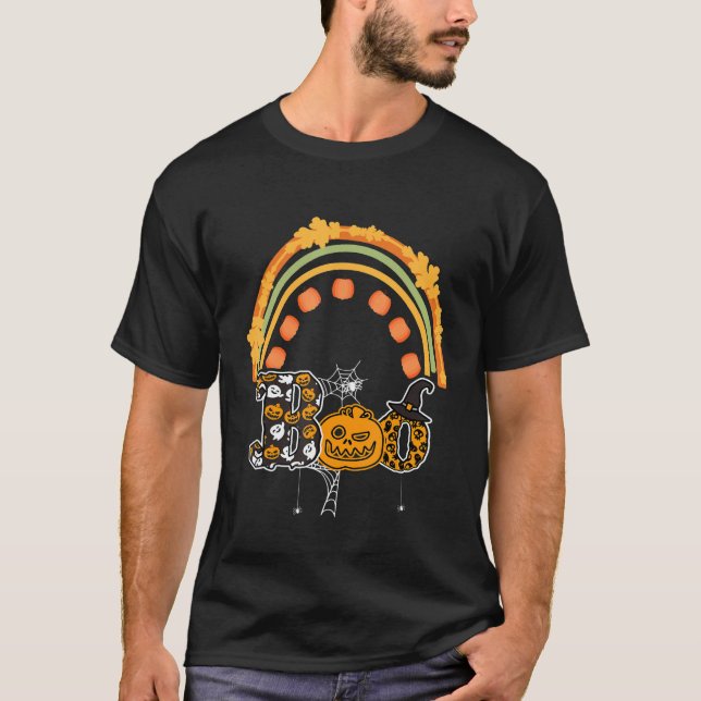 Boo With Spiders And Witch Hat Halloween Rainbow T-Shirt (Front)