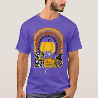 Boo With Spiders And Witch Hat Halloween Rainbow   T-Shirt