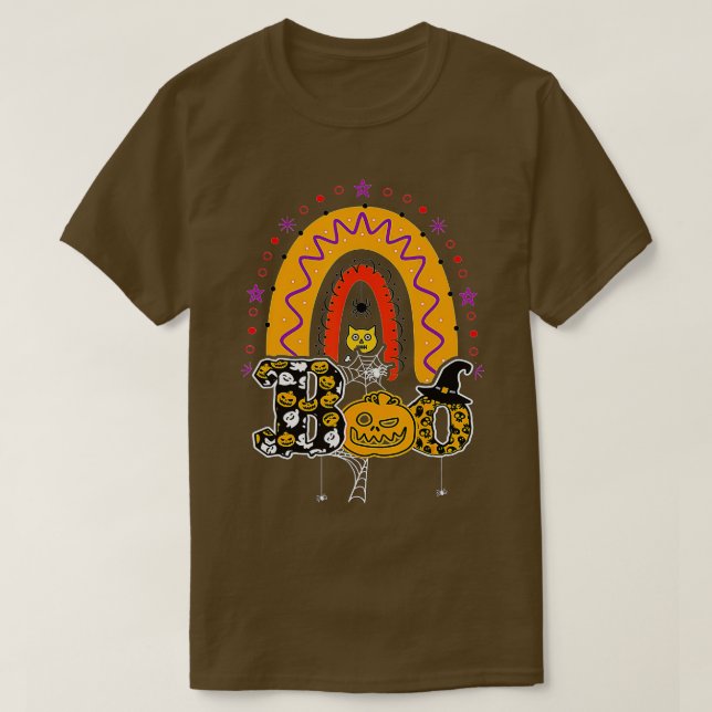 Boo With Spiders And Witch Hat Halloween Rainbow   T-Shirt (Design Front)