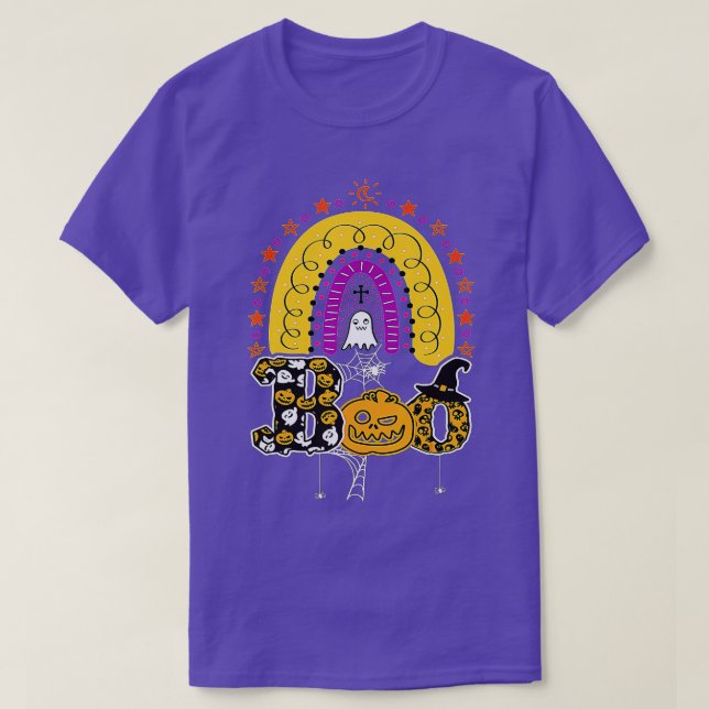 Boo With Spiders And Witch Hat Halloween Rainbow   T-Shirt (Design Front)