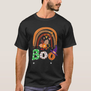 Boo With Spiders And Witch Hat Halloween Rainbow   T-Shirt