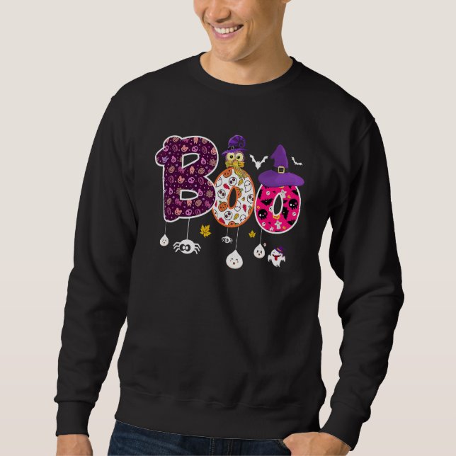 Boo With Spiders And Witch Hat Halloween Sweatshirt (Front)