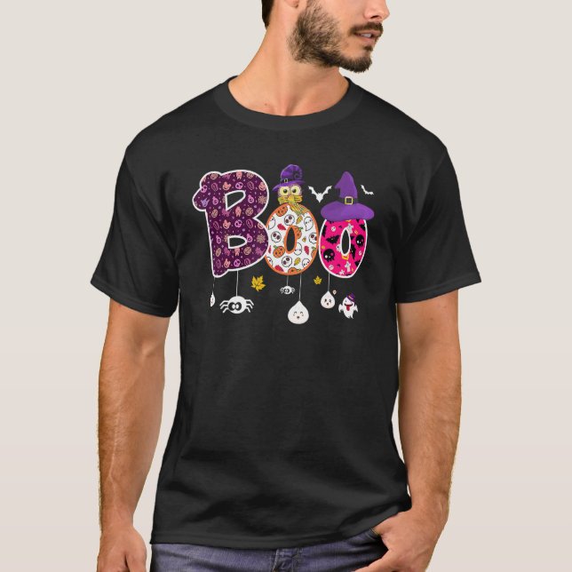 Boo With Spiders And Witch Hat Halloween T-Shirt (Front)