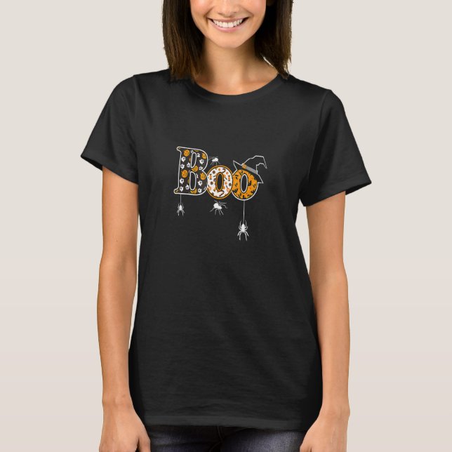 Boo With Spiders And Witch Hat Halloween T-Shirt (Front)